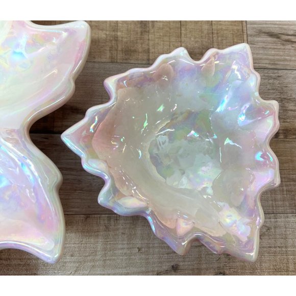 Iridescent Pink Leaf-Shaped Ceramic Serving Dish With Tiered Design & Glossy Fin - Picture 8 of 8